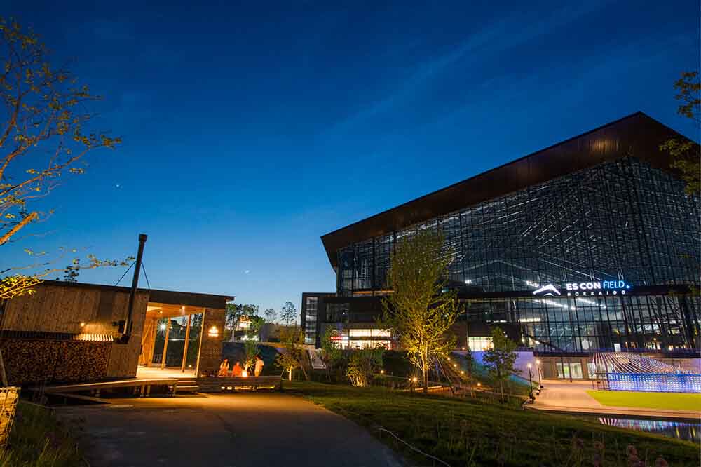 夜のエスコンを眺めながら焚火